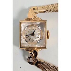 Vintage Timex Womens Mechanical Watch Square Faceted Crystal Gold Tone Mesh Band